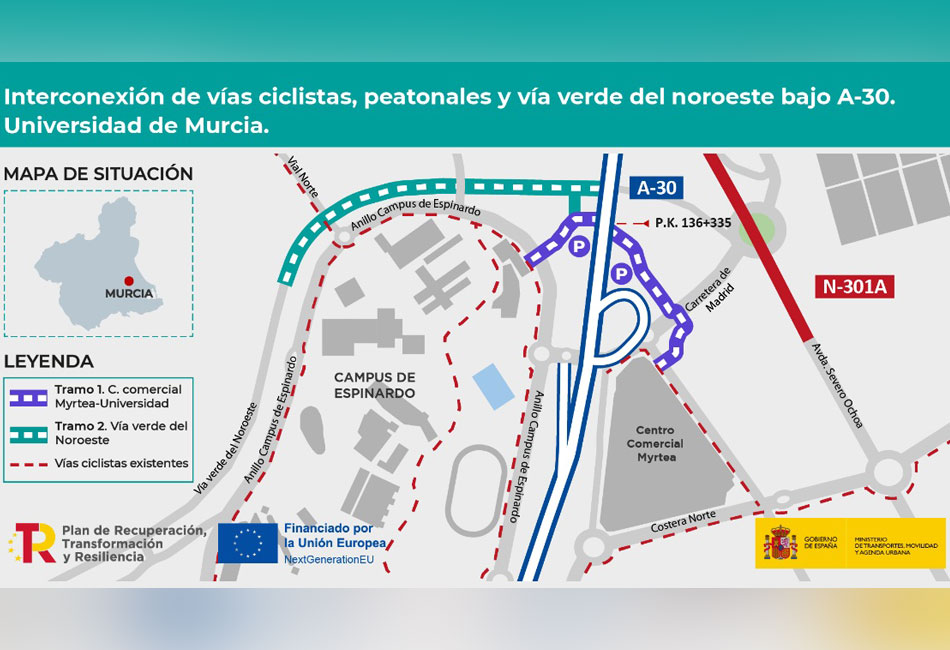 El Ministerio de Transportes y Movilidad Sostenible adjudica las obras para conectar el Camino Natural Va Verde del Noroeste a su paso por la autova A-30 en Murcia con otras vas ciclistas y peatonales